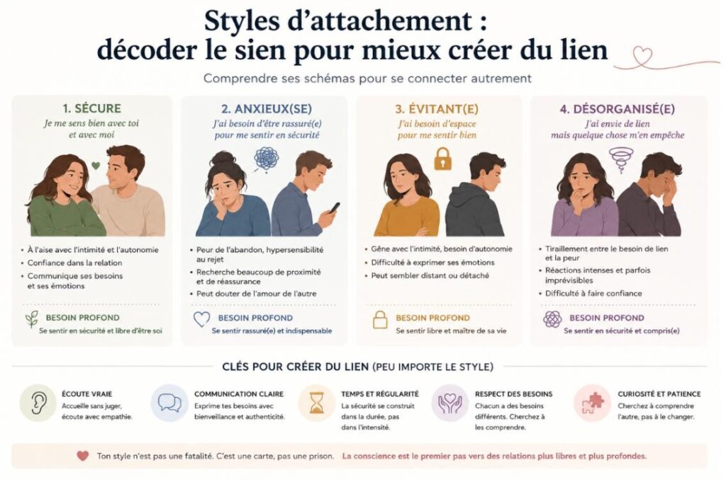 Styles d'attachement : sécure, anxieux, évitant, désorganisé — infographie